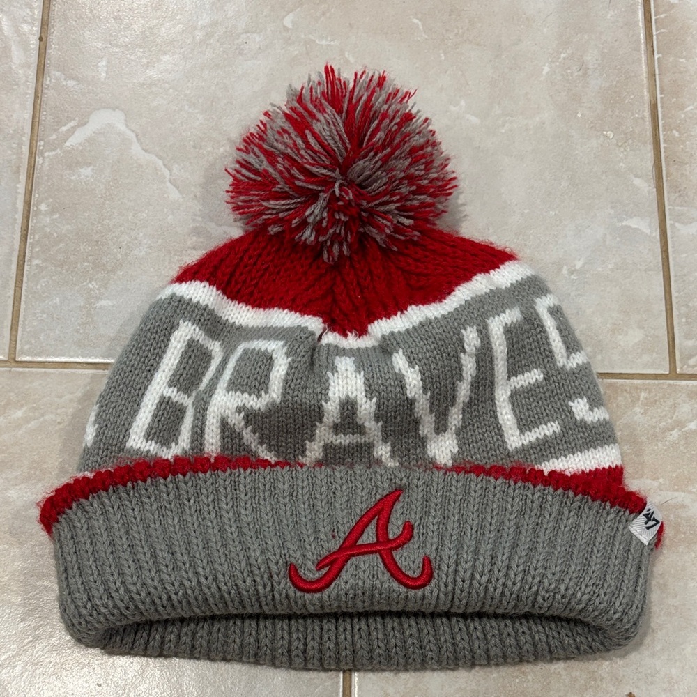 Atlanta Braves ’47 Brand Pom Knit Beanie Gray Red MLB Winter Hat